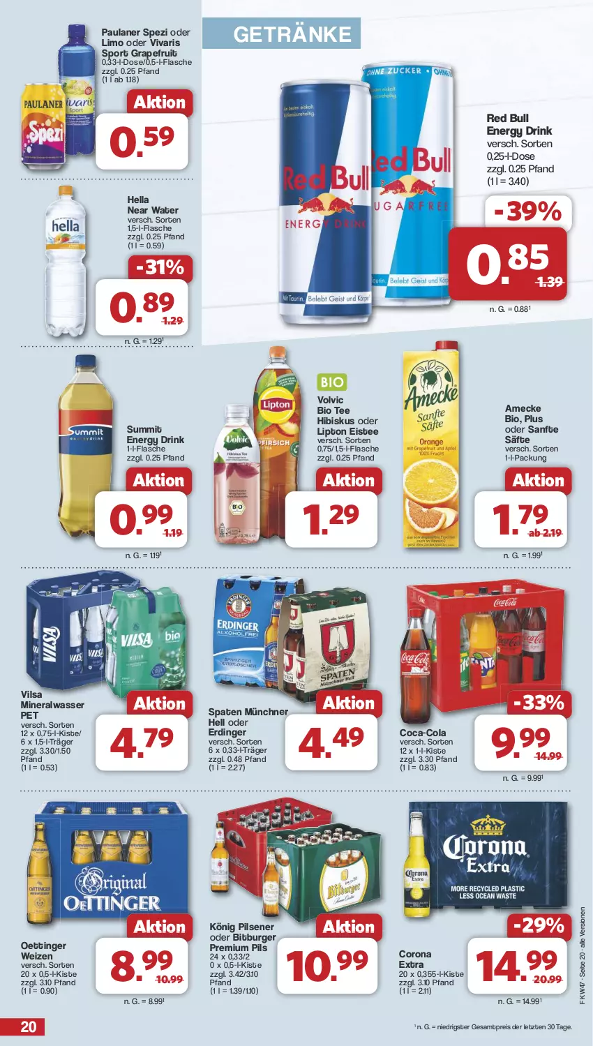 Aktueller Prospekt Famila - Prospekte - von 18.11 bis 23.11.2024 - strona 20 - produkty: Alwa, amecke, bio, bitburger, burger, coca-cola, cola, corona, corona extra, drink, eis, eistee, energy drink, erdinger, flasche, getränk, getränke, grapefruit, hella, könig pilsener, limo, lipton, mineralwasser, oettinger, Paula, paulaner, pils, pilsener, premium pils, red bull, reis, säfte, Spaten, Spezi, Sport, tee, Ti, vilsa, Vivaris, volvic, wasser, ZTE