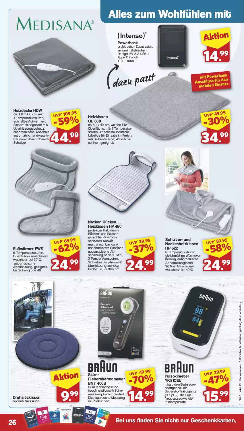 Aktueller Prospekt Famila - Prospekte - von 18.11 bis 23.11.2024 - strona 26 - produkty: akku, auer, auto, Bank, decke, eis, elle, Fieberthermometer, Heizkissen, HP, kissen, powerbank, reis, Schal, sitzkissen, Tasche, teller, thermometer, Ti, tisch, überhitzungsschutz, usb, waschmaschine, waschmaschinen