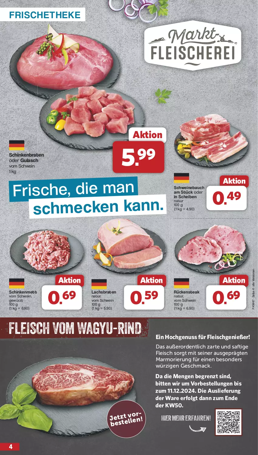 Aktueller Prospekt Famila - Prospekte - von 18.11 bis 23.11.2024 - strona 4 - produkty: Bau, braten, eis, fleisch, gewürz, gulasch, lachs, Lachsbraten, LG, mac, Mett, natur, nuss, rind, Rückensteak, saft, schinken, schinkenbraten, schwein, schweine, Schweinebauch, steak, Ti, wein, weine