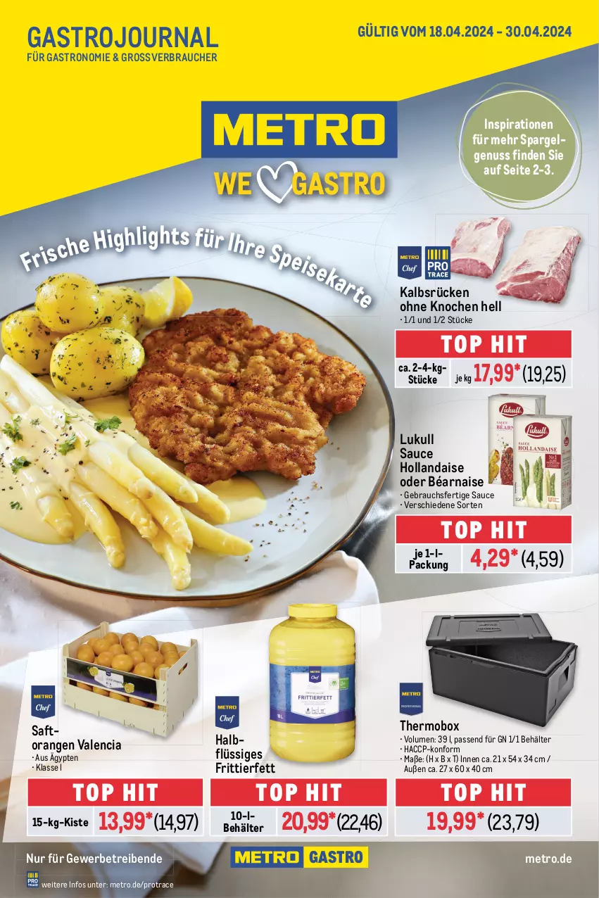 Aktueller Prospekt Metro - GastroJournal - von 18.04 bis 30.04.2024 - strona 1 - produkty: ACC, Behälter, hollandaise, LG, lukull, Metro, nuss, orange, orangen, Rauch, saft, Saftorangen, sauce, sauce hollandaise, spargel, Ti