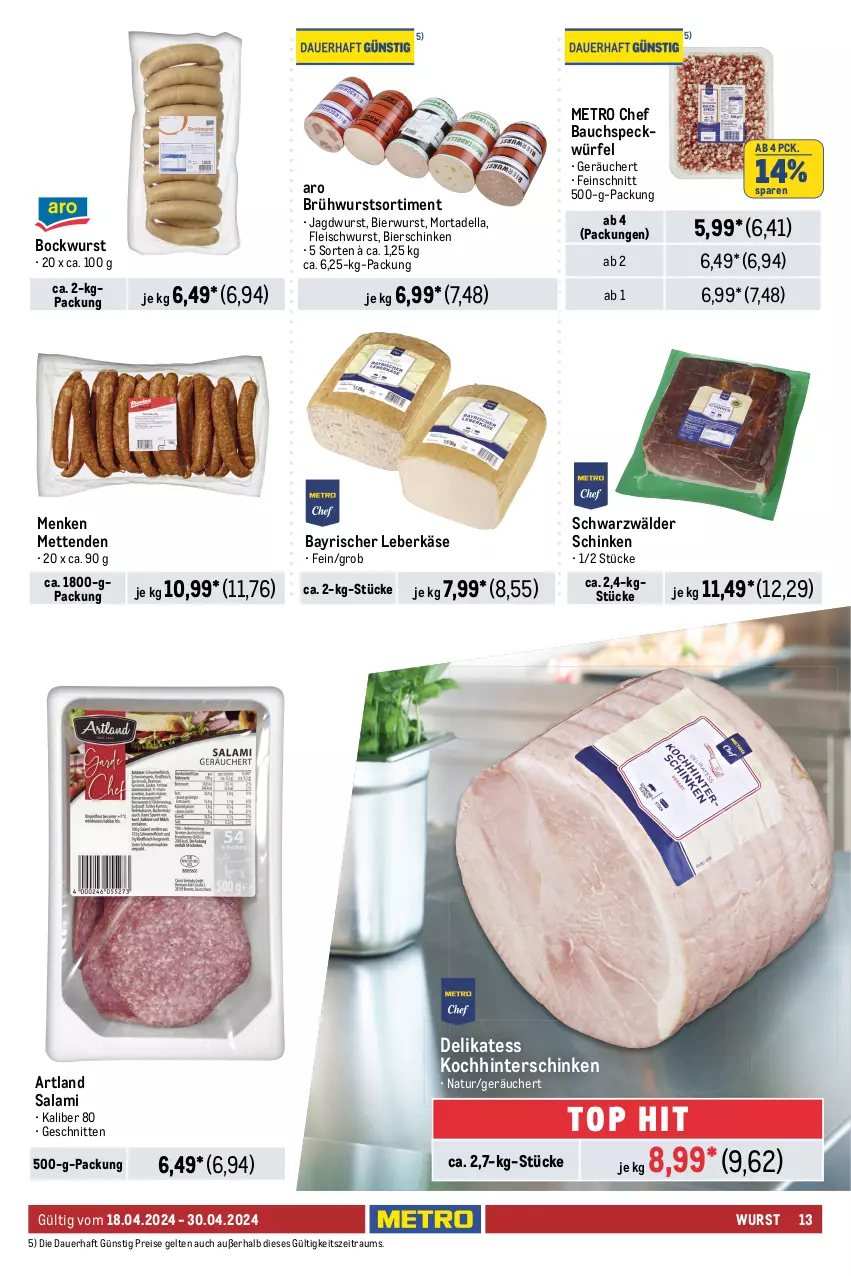 Aktueller Prospekt Metro - GastroJournal - von 18.04 bis 30.04.2024 - strona 13 - produkty: auer, Bau, Berger, bier, bierschinken, bockwurst, bratwurst, Brühwurst, curry, dell, eis, fleisch, fleischwurst, Geflügel, hinterschinken, jagdwurst, Käse, krakauer, leberkäs, leberkäse, Metro, Mett, metten, Mettenden, mortadella, natur, nürnberger, reis, rind, salami, schinken, schnitten, schwarzwälder schinken, Speck, Ti, würfel, wurst