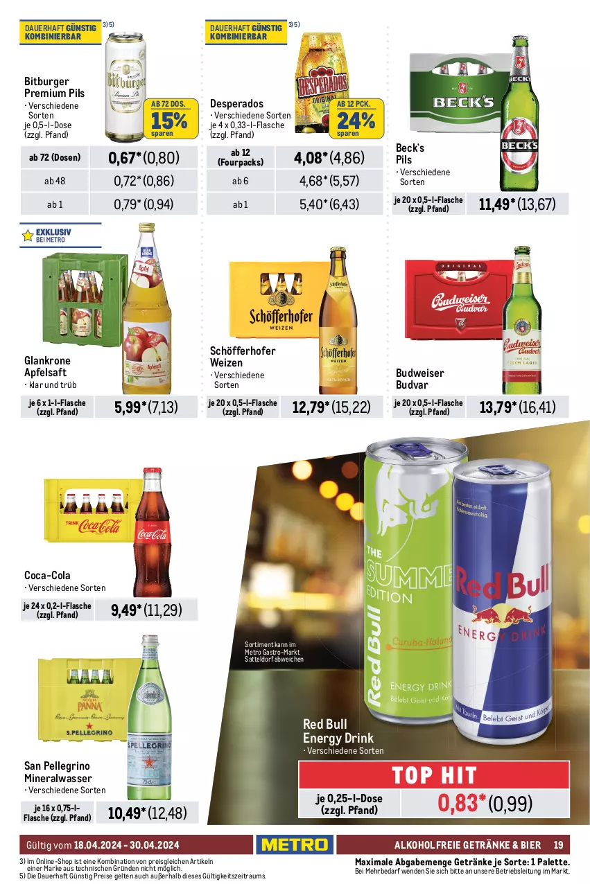 Aktueller Prospekt Metro - GastroJournal - von 18.04 bis 30.04.2024 - strona 19 - produkty: alkohol, alkoholfreie getränke, Alwa, apfel, apfelsaft, auer, bier, bitburger, bohne, budweiser, burger, chupa, chupa chups, coca-cola, cola, desperados, drink, eis, elle, energy drink, espresso, flasche, getränk, getränke, kaffee, karamell, krone, lavazza, LG, Lutscher, mars, Meßmer, Metro, metro gastro, mineralwasser, oreo, Palette, pils, premium pils, red bull, reis, saft, san pellegrino, sattel, schöfferhofer, tee, Ti, wasser