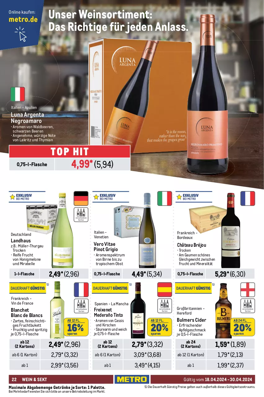 Aktueller Prospekt Metro - GastroJournal - von 18.04 bis 30.04.2024 - strona 22 - produkty: amaro, aperitif, apfel, aprikose, aprikosen, auer, beere, beeren, brita, brut, cassis, champagne, cider, cuvée, de blancs, ecco, eis, elle, ente, ernesto, flasche, freixenet, frizzante, frucht, fürst von metternich, getränk, getränke, honig, honigmelone, kirsch, kirsche, kirschen, kräuter, La Gioiosa, Lakritz, LG, mac, melone, Metro, Mett, metternich, Müller, Müller-Thurgau, obst, Palette, perla, Pinot, pinot grigio, prosecco, puma, reis, rum, sekt, Spektrum, spumante, Ti, valdo, vin de france, vita, wein