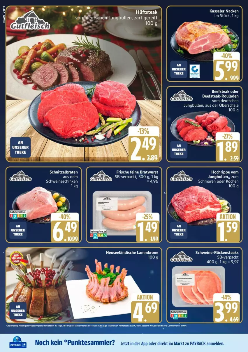 Aktueller Prospekt Edeka - Prospekte - von 22.12 bis 27.12.2025 - strona 10 - produkty: beef, braten, bratwurst, hüftsteak, jungbullen, kasseler, payback, Rückensteak, rückensteaks, Schal, Schale, schnitzel, Schnitzelbraten, schwein, schweine, steak, steaks, tesa, Ti, wein, weine, wurst