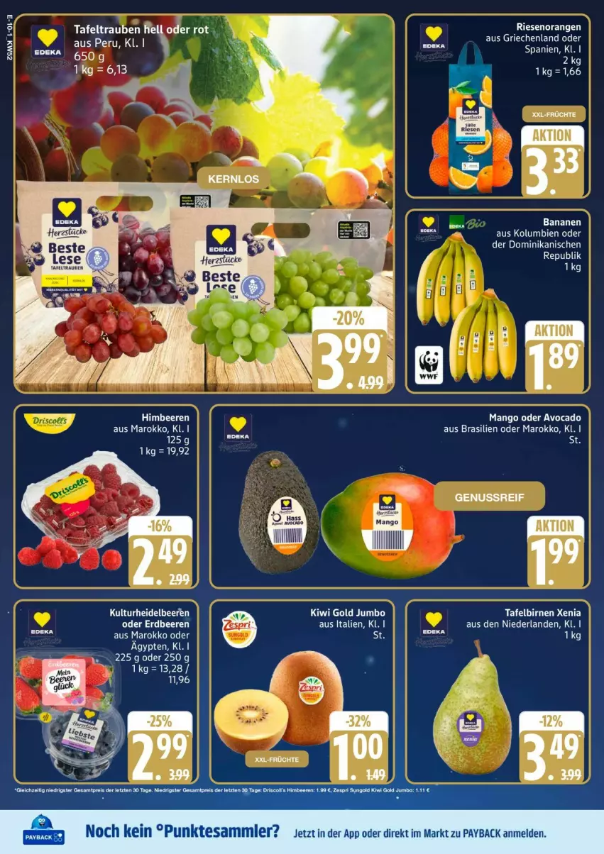 Aktueller Prospekt Edeka - Prospekte - von 22.12 bis 27.12.2025 - strona 12 - produkty: avocado, banane, bananen, beere, beeren, Birnen, deka, heidelbeere, heidelbeeren, jumbo, kiwi, Kiwi Gold, LG, mango, Maus, nuss, payback, tafelbirnen, tafeltrauben, tesa, trauben