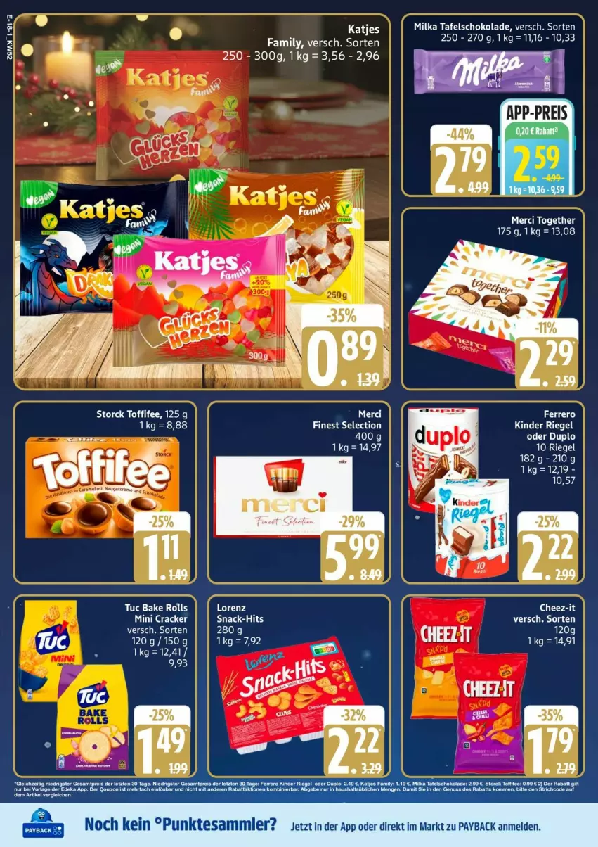 Aktueller Prospekt Edeka - Prospekte - von 22.12 bis 27.12.2025 - strona 24 - produkty: katjes, lorenz, merci, milka, payback, schoko, schokolade, snack, tafelschokolade, tesa, tuc