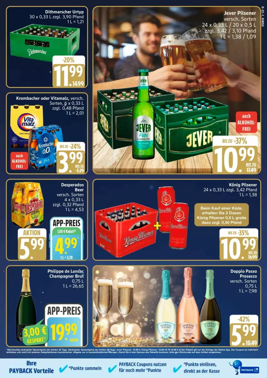 Aktueller Prospekt Edeka - Prospekte - von 22.12 bis 27.12.2025 - strona 27 - produkty: brut, champagne, champagner, coupon, coupons, desperados, doppio passo, ecco, jever, jever pilsener, könig pilsener, krombache, krombacher, malz, mars, passo, payback, pils, pilsener, prosecco, Ti, urtyp, vita, vitamalz