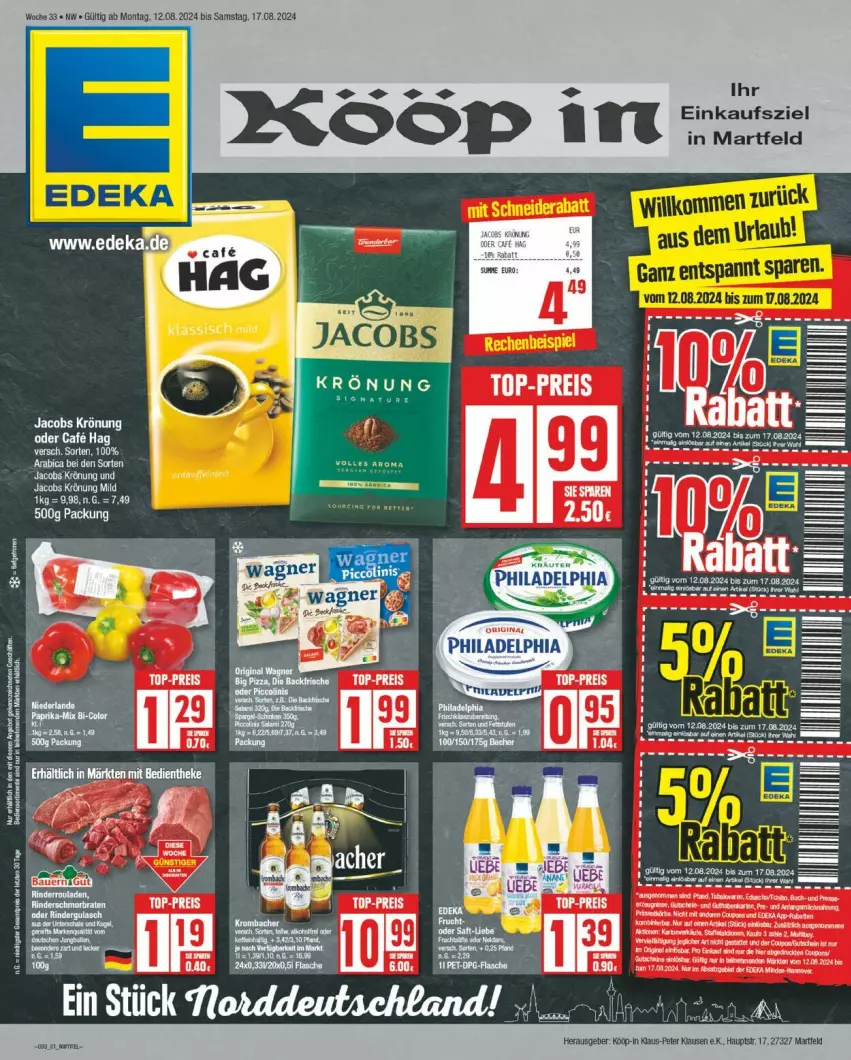 Aktueller Prospekt Edeka - Prospekte - von 12.08 bis 17.08.2024 - strona 1 - produkty: bett, eis, jacobs, jacobs krönung, philadelphia, reis, Ti, top-preis