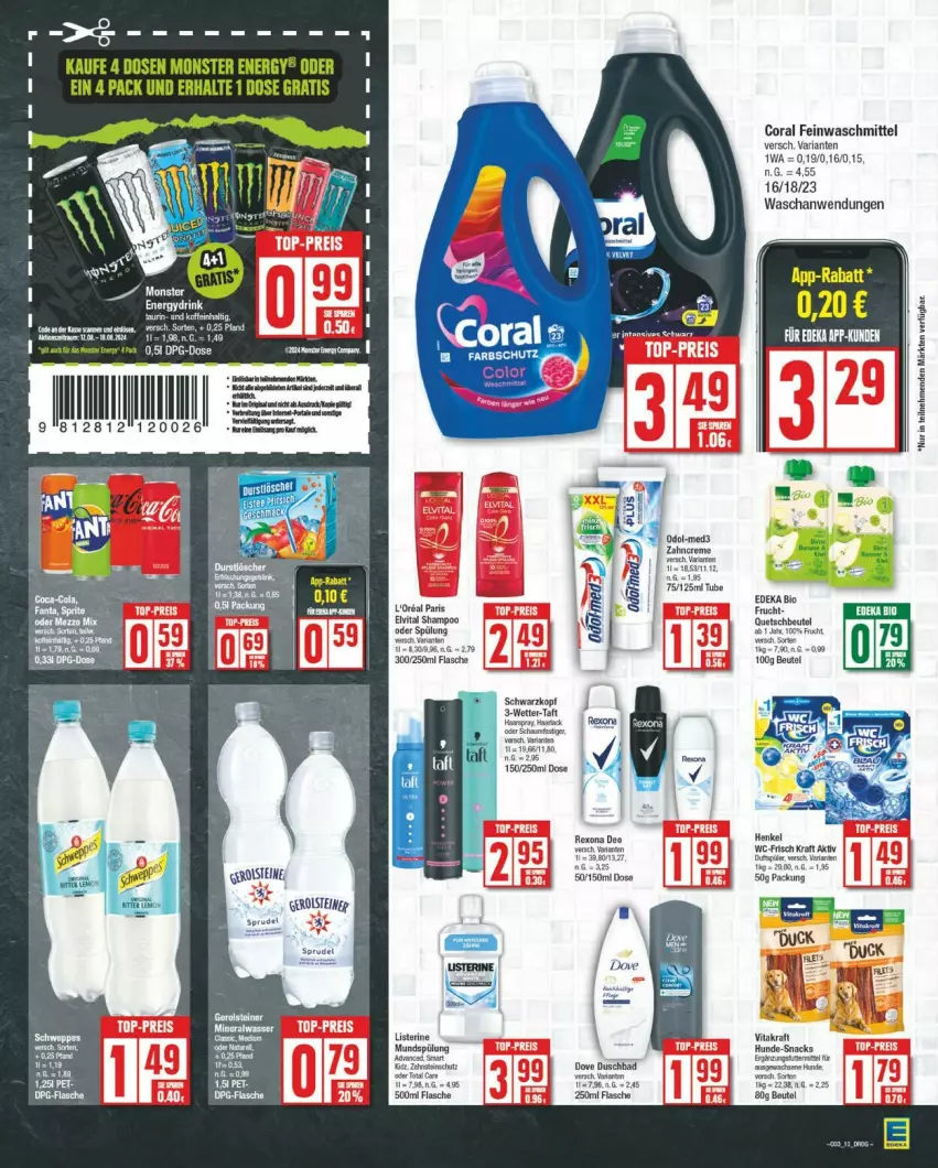 Aktueller Prospekt Edeka - Prospekte - von 12.08 bis 17.08.2024 - strona 13 - produkty: Bad, beutel, bio, Coral, deka, dove, duschbad, edeka bio, elvital, feinwaschmittel, flasche, frucht, hama, henkel, kraft, listerine, monster, Monster Energy, mundspülung, oxo, quetschbeutel, rexona, Ria, schwarzkop, shampoo, snack, snacks, spülung, Taft, Ti, total care, vita, vitakraft, waschmittel