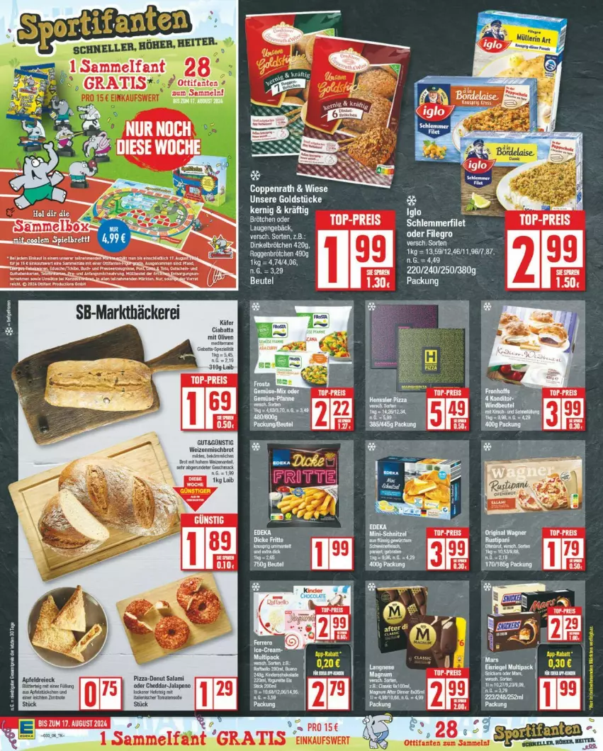 Aktueller Prospekt Edeka - Prospekte - von 12.08 bis 17.08.2024 - strona 6 - produkty: Donut, eis, filegro, Goldstücke, langnese, pizza, reis, salami, tee, Ti, top-preis