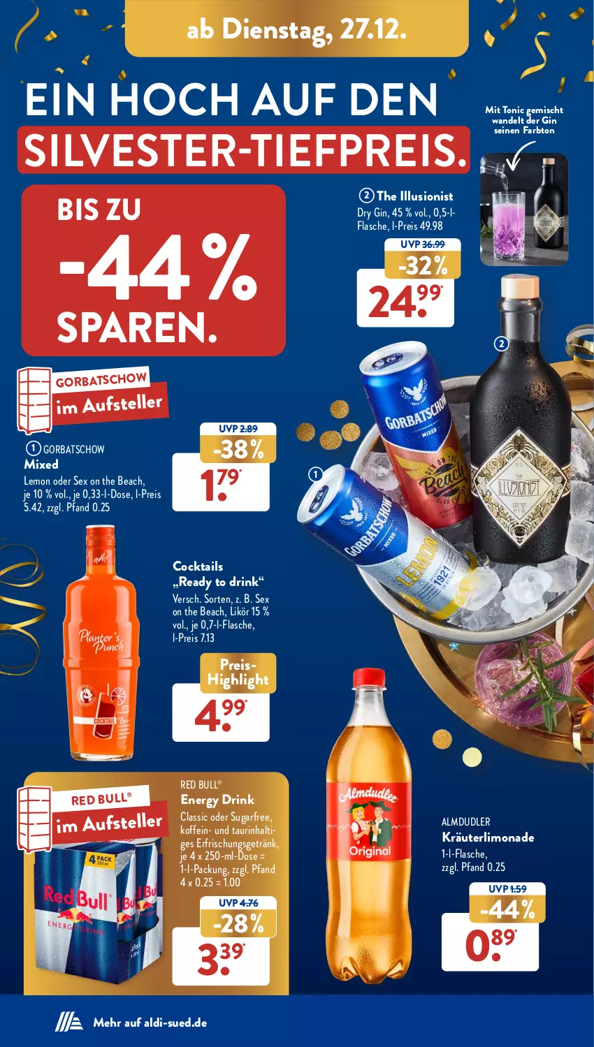 Aktueller Prospekt AldiSud - NÄCHSTE WOCHE - von 27.12 bis 31.12.2022 - strona 20 - produkty: aldi, almdudler, cocktail, cocktails, drink, dry gin, eis, elle, energy drink, erfrischungsgetränk, flasche, getränk, gin, Gorbatschow, kräuter, likör, limo, limonade, red bull, reis, teller, Ti, tiefpreis, tonic