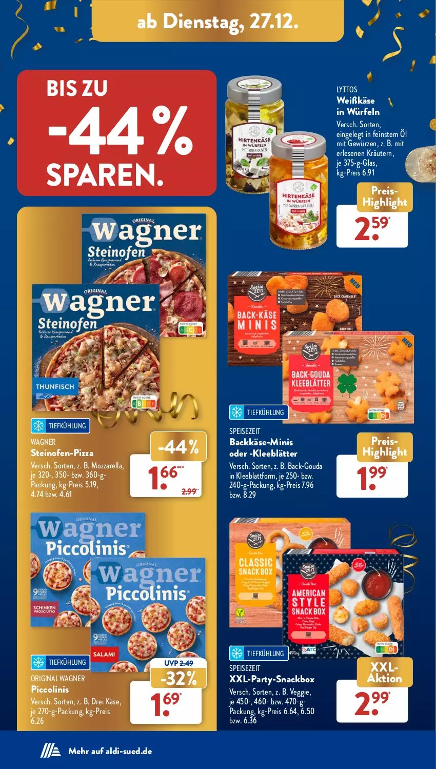 Aktueller Prospekt AldiSud - NÄCHSTE WOCHE - von 27.12 bis 31.12.2022 - strona 26 - produkty: aldi, eis, gewürz, gin, gouda, Käse, kräuter, kräutern, mozzarella, Ofen, original wagner, piccolinis, pizza, reis, rel, snack, steinofen, Ti, veggie, wagner, würfel