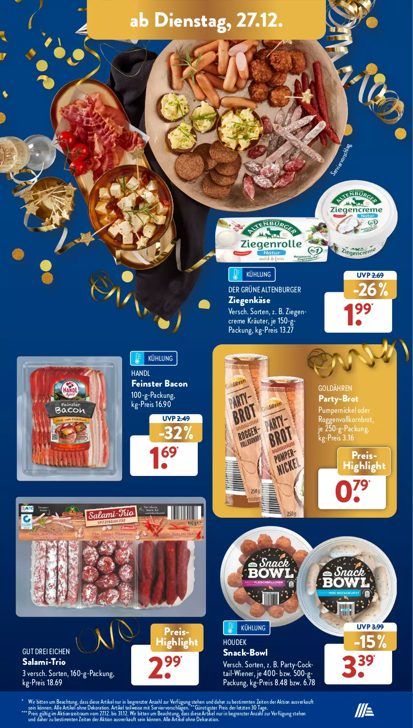 Aktueller Prospekt AldiSud - NÄCHSTE WOCHE - von 27.12 bis 31.12.2022 - strona 27 - produkty: alle artikel ohne dekoration, altenburger, bacon, brot, burger, cocktail, creme, dekoration, eis, houdek, je 250-g-packung, Käse, korn, Kornbrot, kräuter, Pumpernickel, reis, salami, snack, Ti, vollkornbrot, wiener, ziegenkäse, ZTE