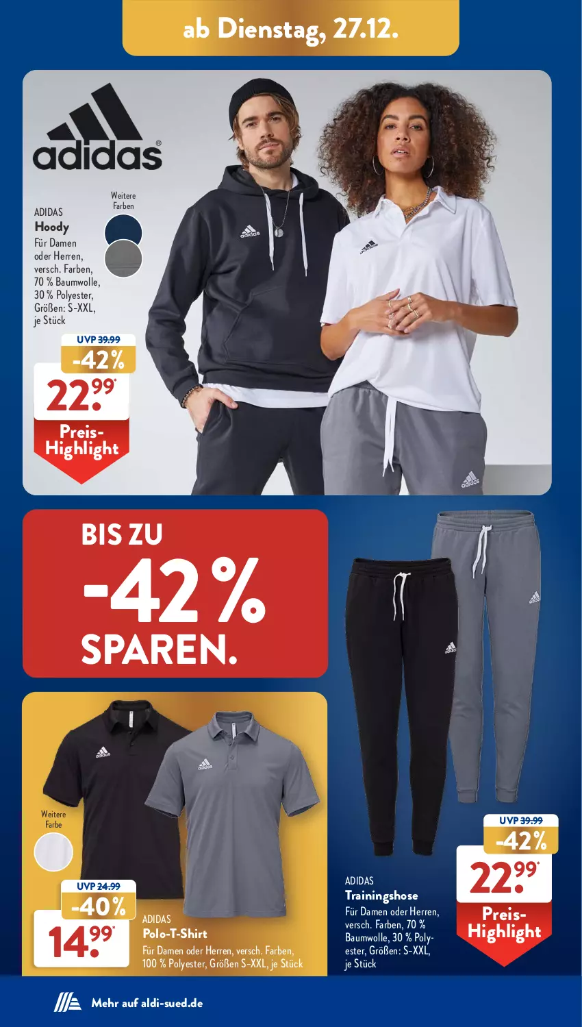 Aktueller Prospekt AldiSud - NÄCHSTE WOCHE - von 27.12 bis 31.12.2022 - strona 32 - produkty: Adidas, aldi, Bau, baumwolle, eis, hose, reis, shirt, T-Shirt, Trainingshose, wolle