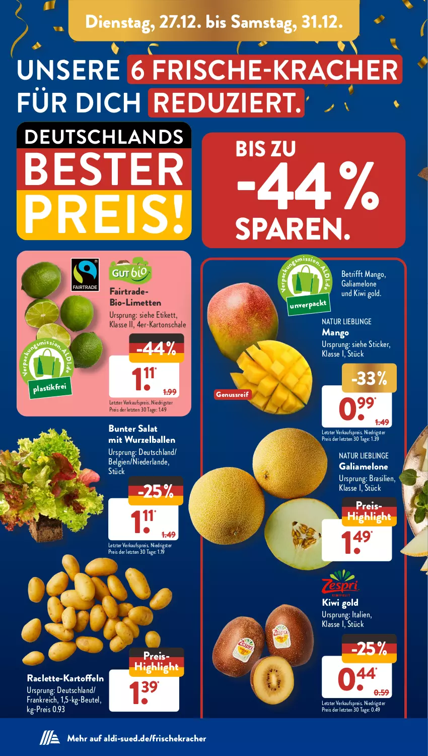 Aktueller Prospekt AldiSud - NÄCHSTE WOCHE - von 27.12 bis 31.12.2022 - strona 4 - produkty: aldi, asti, ball, beutel, bio, eis, galiamelone, kartoffel, kartoffeln, kiwi, Kiwi Gold, kracher, LG, limette, limetten, mango, melone, Mett, metten, natur, nuss, reis, salat, Schal, Schale, Ti, ZTE