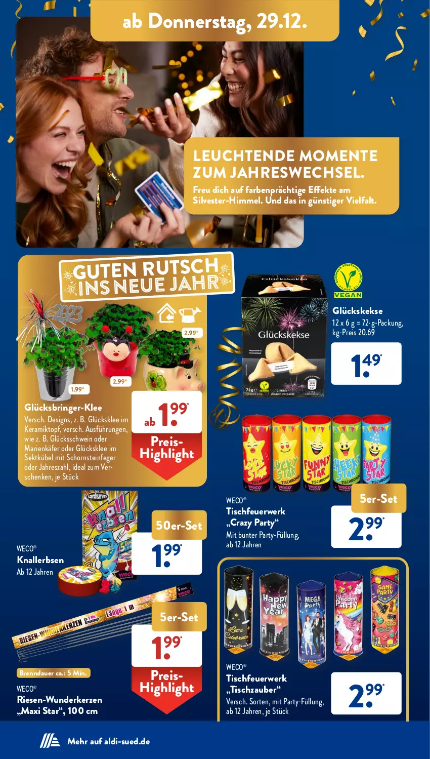 Aktueller Prospekt AldiSud - NÄCHSTE WOCHE - von 27.12 bis 31.12.2022 - strona 42 - produkty: aldi, auer, eis, ente, erbsen, glücksklee, käfer, keks, kekse, kerze, Knallerbsen, Leuchte, leuchten, reis, ring, rwe, Schornsteinfeger, schwein, sekt, Ti, tisch, Tischfeuerwerk, topf, wein