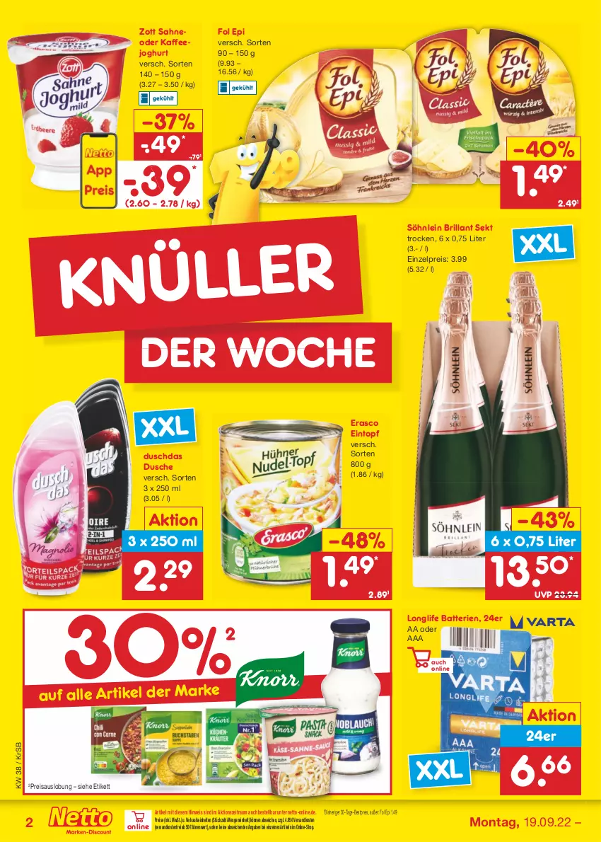 Aktueller Prospekt Netto Marken-Discount - Filial-Angebote - von 19.09 bis 24.09.2022 - strona 2 - produkty: batterie, batterien, bestpreis, brillant sekt, duschdas, dusche, eintopf, eis, erasco, fol epi, joghur, joghurt, kaffee, longlife, ndk, reis, sahne, sekt, söhnlein, söhnlein brillant, Ti, topf, versandkostenfrei, zott