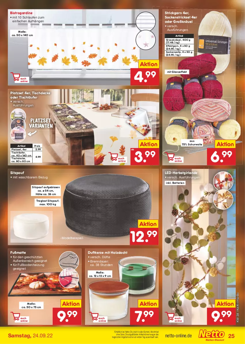 Aktueller Prospekt Netto Marken-Discount - Filial-Angebote - von 19.09 bis 24.09.2022 - strona 25 - produkty: angebot, auer, batterie, batterien, decke, Duftkerze, eis, Fußmatte, Girlande, Holz, kerze, Laufen, Läufer, Mode, reis, Ria, socken, Strickgarn, Ti, tisch, tischdecke, tischläufer, wolle, ZTE