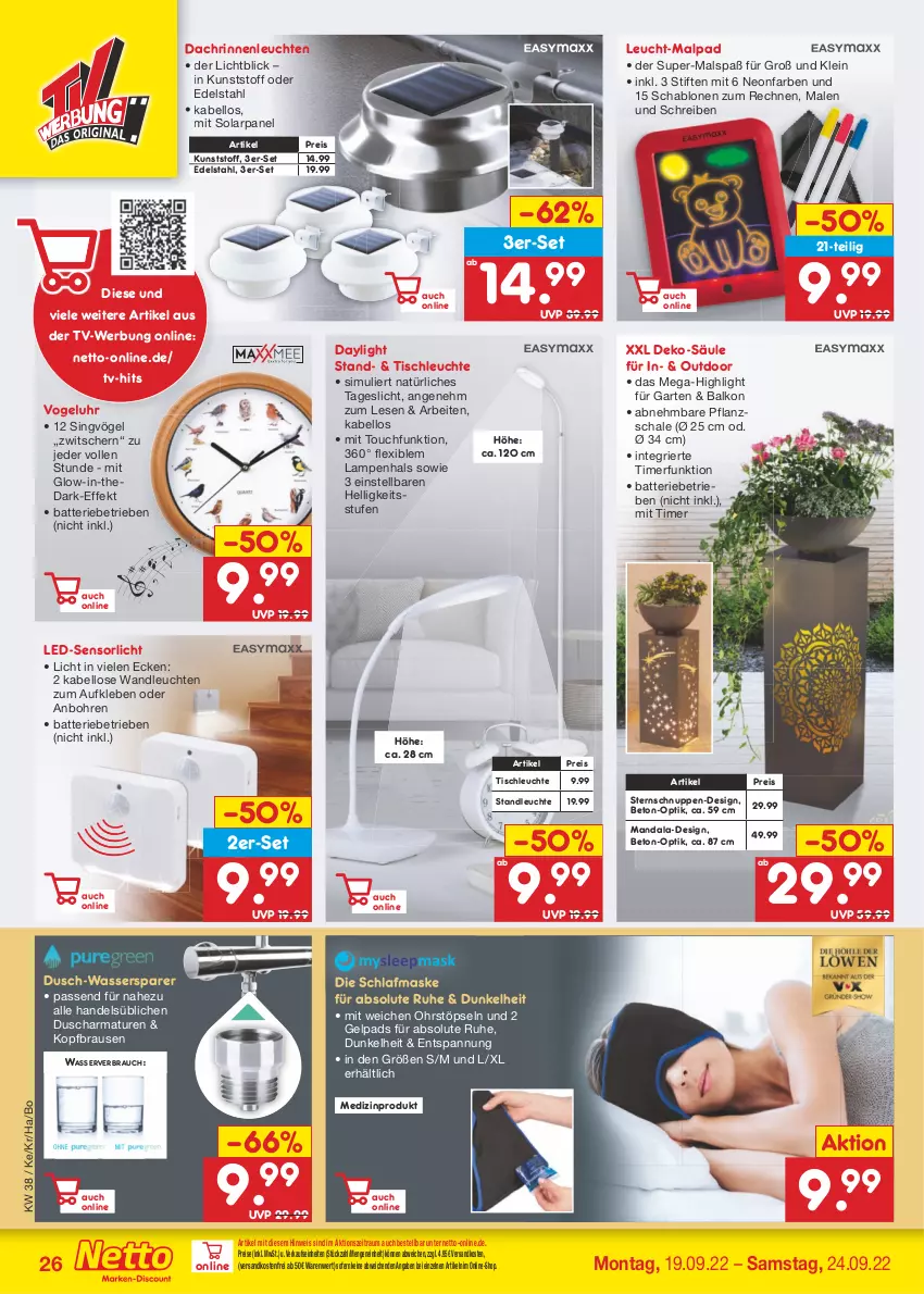 Aktueller Prospekt Netto Marken-Discount - Filial-Angebote - von 19.09 bis 24.09.2022 - strona 26 - produkty: armatur, armaturen, batterie, brause, edelstahl, eis, Garten, Lampe, Leuchte, leuchten, Maske, medizinprodukt, ndk, Rauch, reis, Schal, Schale, sim, stifte, Ti, timer, tisch, tischleuchte, uhr, versandkostenfrei, wasser