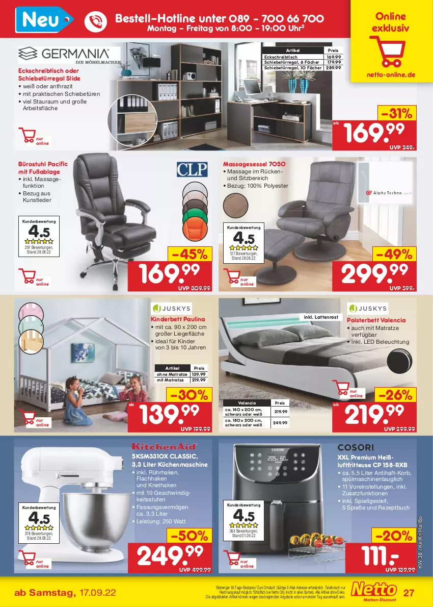 Aktueller Prospekt Netto Marken-Discount - Filial-Angebote - von 19.09 bis 24.09.2022 - strona 27 - produkty: angebot, beleuchtung, bestpreis, bett, buch, Cif, eis, fritteuse, gefu, Heißluftfritteuse, Kinder, Kinderbett, korb, küche, Küchen, küchenmaschine, latte, lattenrost, Liege, matratze, ohne matratze, polsterbett, regal, reis, rezept, schreibtisch, sessel, spülmaschinen, stuhl, telefon, Ti, tisch, uhr, ZTE