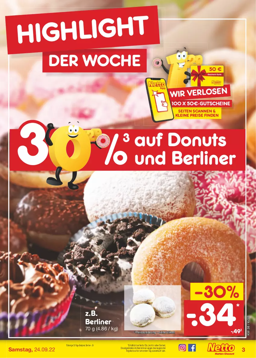 Aktueller Prospekt Netto Marken-Discount - Filial-Angebote - von 19.09 bis 24.09.2022 - strona 3 - produkty: angebot, berliner, bestpreis, Donut, donuts, eis, gutschein, gutscheine, leine, reis, Ti, ZTE