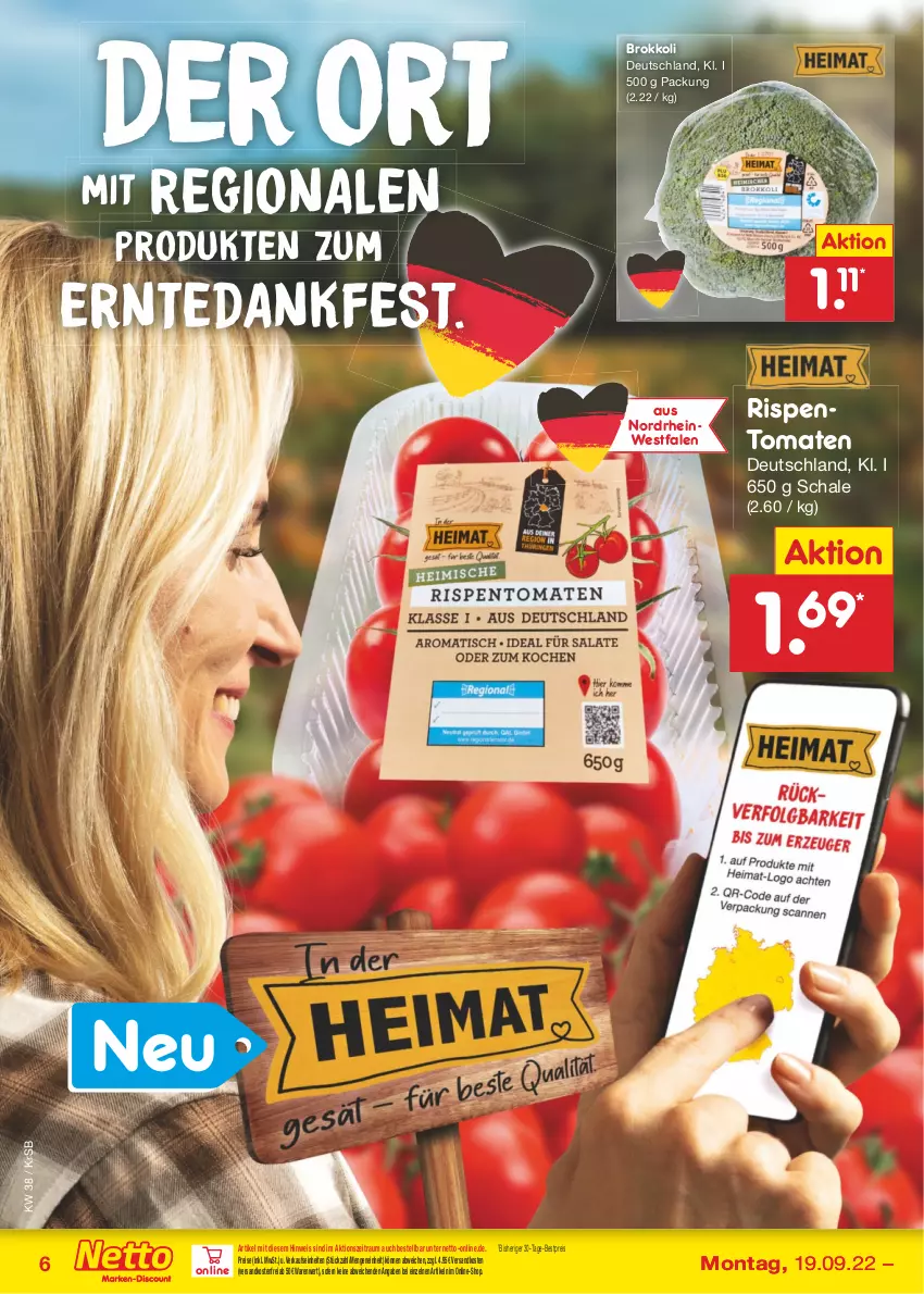 Aktueller Prospekt Netto Marken-Discount - Filial-Angebote - von 19.09 bis 24.09.2022 - strona 6 - produkty: bestpreis, brokkoli, eis, ndk, reis, rispentomaten, Schal, Schale, Ti, tomate, tomaten, versandkostenfrei