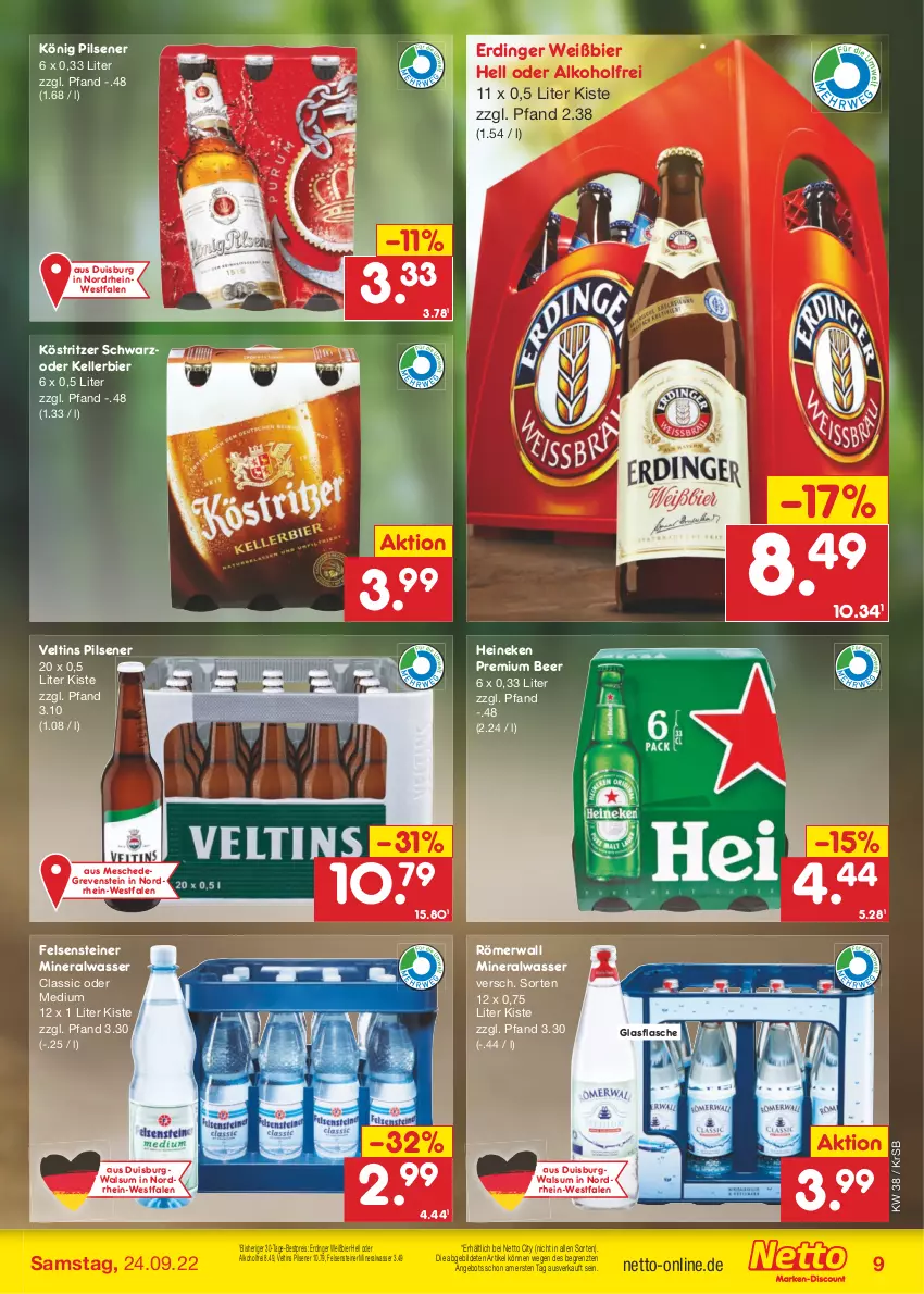 Aktueller Prospekt Netto Marken-Discount - Filial-Angebote - von 19.09 bis 24.09.2022 - strona 9 - produkty: alkohol, Alwa, angebot, bestpreis, bier, eis, elle, erdinger, flasche, glasflasche, heineken, kellerbier, könig pilsener, köstritzer, mineralwasser, Mineralwasser Classic, pils, pilsener, reis, steiner, Ti, veltins, veltins pilsener, wasser, ZTE