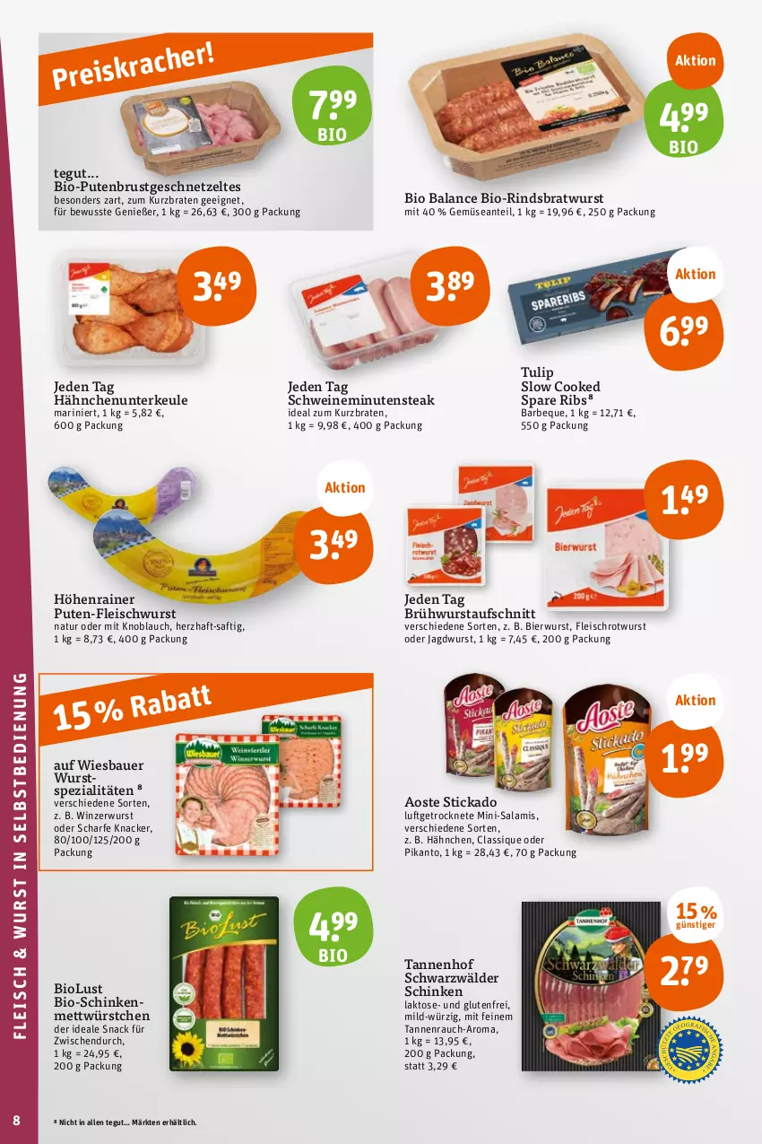 Aktueller Prospekt Tegut - Angebote der Woche - von 19.06 bis 24.06.2023 - strona 10 - produkty: aoste stickado, auer, aufschnitt, Bau, Bauer, bier, bio, braten, bratwurst, Brühwurst, eis, fleisch, fleischwurst, geschnetzeltes, jagdwurst, knacker, knoblauch, Mett, Mini-Salami, mit knoblauch, natur, pute, putenbrust, Rauch, rind, Rotwurst, saft, salami, schinken, schwarzwälder schinken, schwein, schweine, snack, spare ribs, Spezi, steak, stickado, Ti, tulip, wein, weine, wiesbauer, Winzerwurst, wurst, würstchen, Zelt