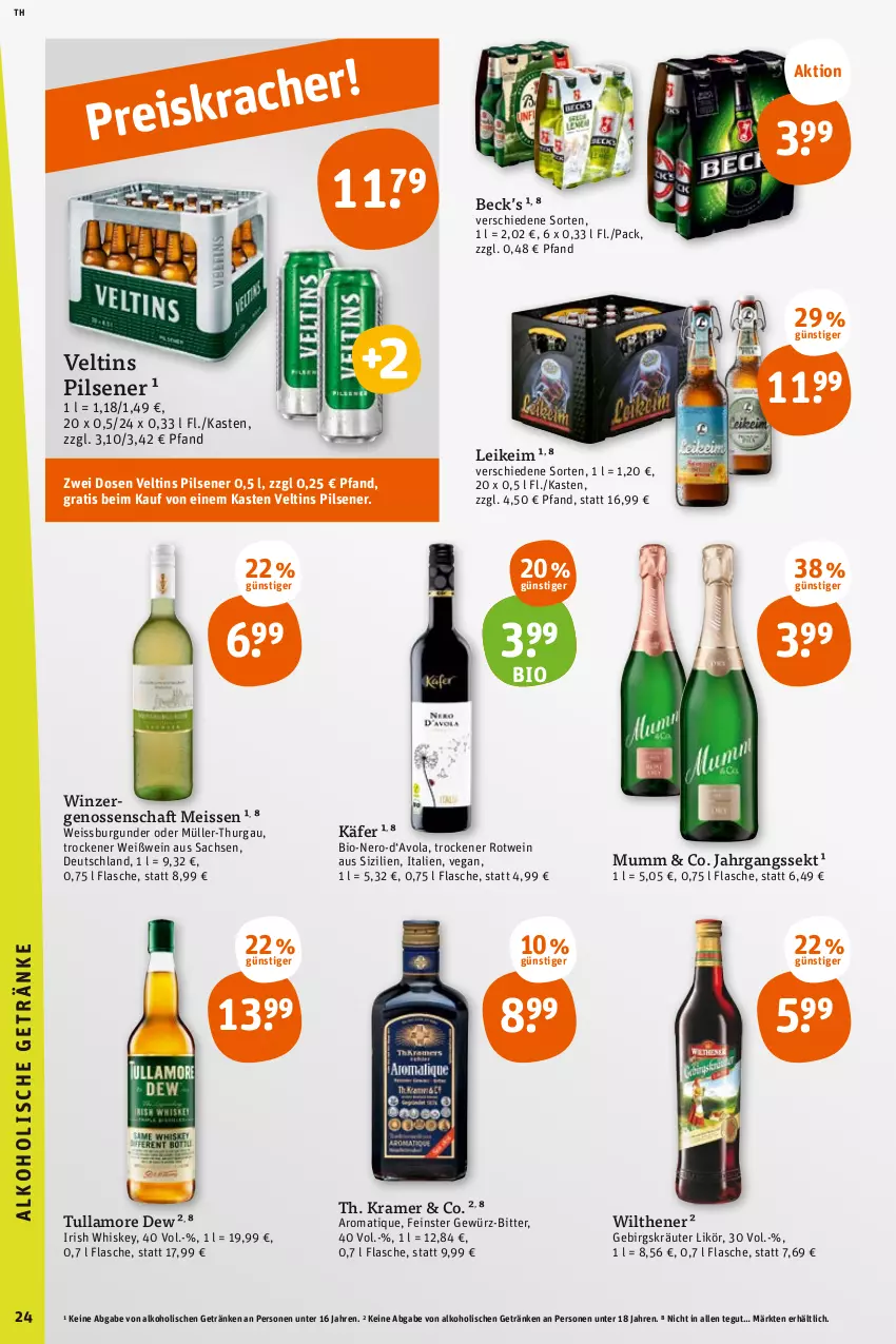 Aktueller Prospekt Tegut - Angebote der Woche - von 19.06 bis 24.06.2023 - strona 26 - produkty: alkohol, bio, burgunder, eis, flasche, getränk, getränke, gewürz, irish whiskey, jahrgangssekt, käfer, kräuter, likör, Müller, Müller-Thurgau, mumm, nero, pils, pilsener, rotwein, sac, sekt, Ti, tullamore, tullamore dew, veltins, veltins pilsener, wein, Weißwein, whiskey, wilthener