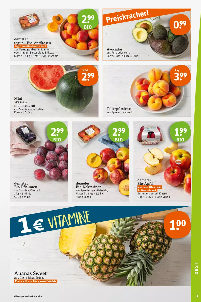 Aktueller Prospekt Tegut - Angebote der Woche - von 19.06 bis 24.06.2023 - strona 5 - produkty: ananas, angebot, angebote, aprikose, aprikosen, avocado, avocados, Bau, bio, dekoration, eis, elle, fleisch, früchte, jonagored, melone, melonen, mini wassermelonen, Nektar, nektarinen, pfirsich, pfirsiche, pflaume, pflaumen, reis, Schal, Schale, teller, Ti, wasser, wassermelone, wassermelonen