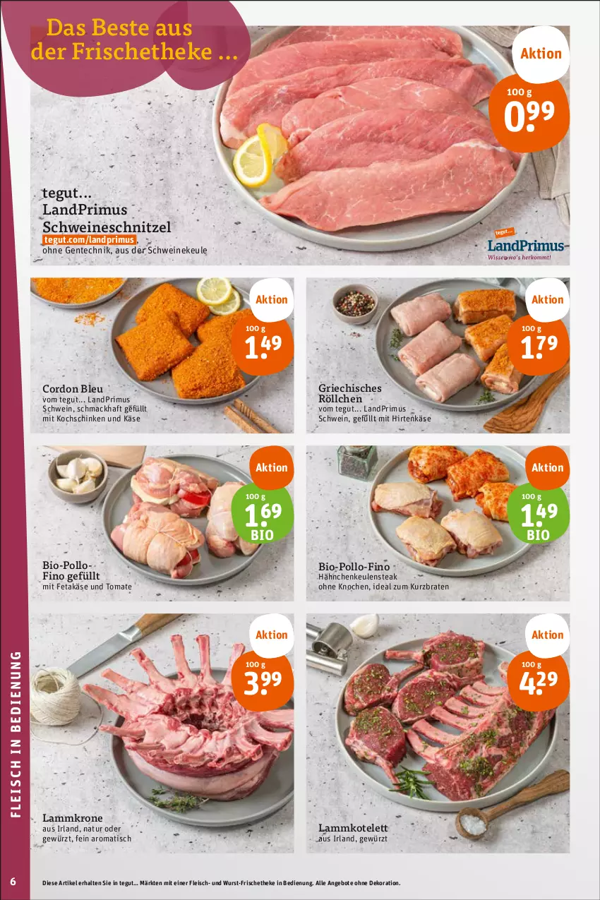 Aktueller Prospekt Tegut - Angebote der Woche - von 19.06 bis 24.06.2023 - strona 8 - produkty: angebot, angebote, bio, braten, cordon bleu, dekoration, eis, ente, feta, fleisch, gewürz, hirtenkäse, Käse, kochschinken, kotelett, krone, lamm, lammkotelett, Lammkrone, landprimus, mac, natur, schinken, schnitzel, schwein, schweine, schweineschnitzel, steak, Ti, tisch, tomate, wein, weine, wurst