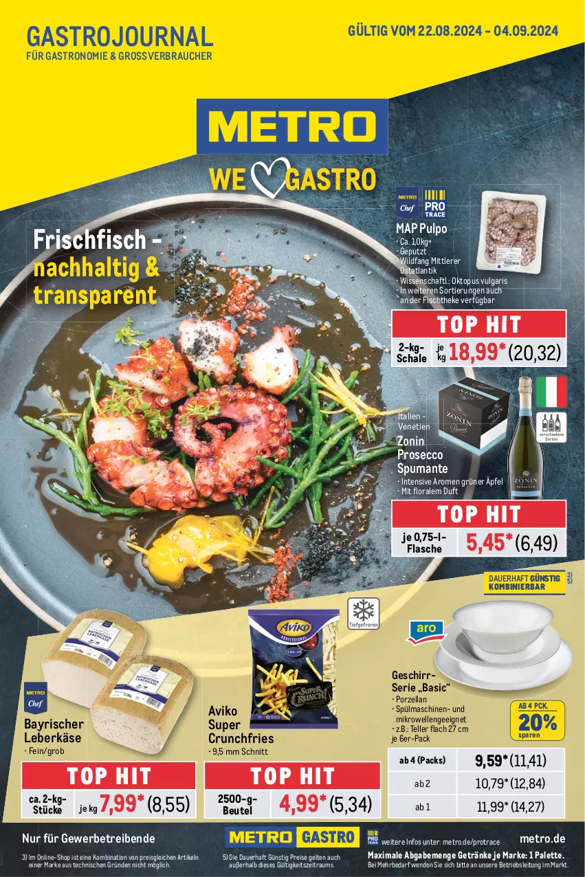 Aktueller Prospekt Metro - GastroJournal - von 22.08 bis 04.09.2024 - strona 1 - produkty: auer, beutel, ecco, eis, elle, fisch, fischtheke, flasche, frischfisch, geschirr, Geschirrserie, getränk, getränke, Käse, leberkäs, leberkäse, LG, Metro, mikrowelle, Palette, prosecco, puma, Rauch, reis, Schal, Schale, spülmaschinen, spumante, teller, Ti, Wild, zonin