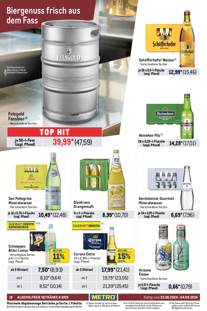 Aktueller Prospekt Metro - GastroJournal - von 22.08 bis 04.09.2024 - strona 18 - produkty: Absolut Vodka, alkohol, alkoholfreie getränke, Alwa, asbach uralt, auer, bier, bitter lemon, campari, corona, corona extra, dry gin, eis, eistee, elle, Fernet, fernet branca, flasche, Germ, gerolsteine, gerolsteiner, getränk, getränke, gin, gordon, heineken, HP, irish whiskey, jägermeister, kräuter, kräuterlikör, krone, likör, london dry, london dry gin, Meister, Metro, metro gastro, mineralwasser, nuss, orange, orangen, orangensaft, Palette, pils, reis, saft, san pellegrino, sattel, schöfferhofer, schweppes, Sierra, sierra tequila, spirituosen, steiner, tee, tequila, Ti, tullamore, tullamore dew, vodka, wasser, wein, weinbrand, whiskey