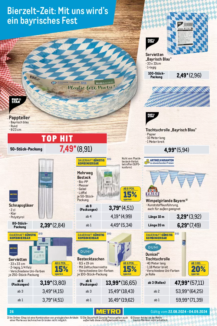 Aktueller Prospekt Metro - GastroJournal - von 22.08 bis 04.09.2024 - strona 26 - produkty: asti, auer, Bau, baumwolle, besteck, bier, bio, Brei, brezel, duni, edelstahl, eis, elle, gabel, Girlande, Gläser, Holz, Kette, LG, Löffel, messer, Metro, metro gastro, papier, reis, Ria, rwe, sattel, Schürze, Serviette, servietten, Tasche, taschen, teller, Ti, tisch, tuc, wolle, Zelt