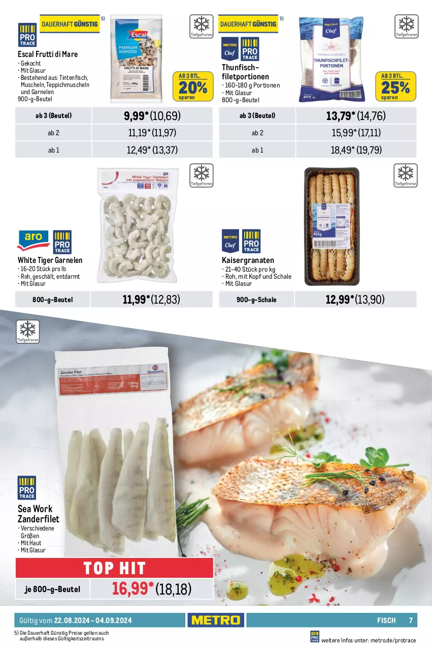 Aktueller Prospekt Metro - GastroJournal - von 22.08 bis 04.09.2024 - strona 7 - produkty: Abtei, angebot, angebote, antipasti, aqua, asti, auer, backfisch, beutel, eis, elle, ente, escal, filet, fisch, fischtheke, fleisch, forelle, frischfisch, frutti di mare, garnelen, grana, Kaiser, lachs, Metro, Muscheln, pasta, Pastagericht, Rana, reis, rel, Rotbarsch, rotbarschfilet, rum, rwe, Schal, Schale, teppich, thunfisch, Ti, Zander