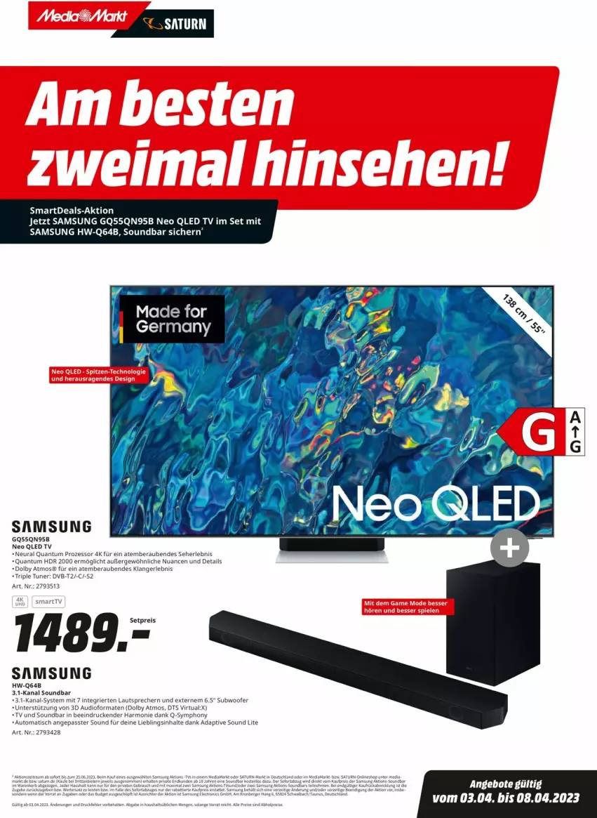 Aktueller Prospekt Media Markt - Prospekte - von 03.04 bis 08.04.2023 - strona 1 - produkty: auto, Germ, lautsprecher, led tv, qled, Samsung, soundbar, Subwoofer, Ti, tisch