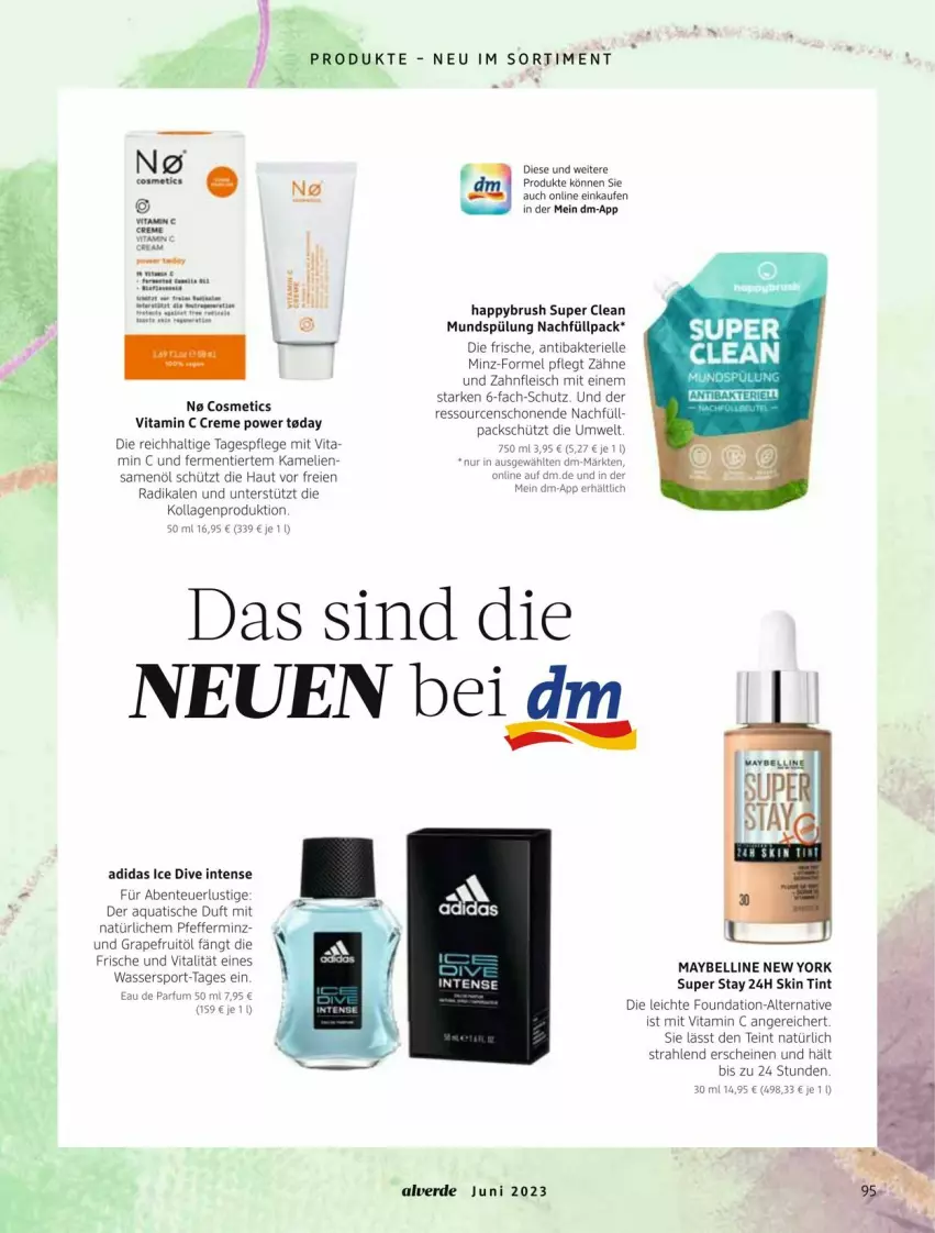 Aktueller Prospekt Dm Drogerie - Prospekte - von 01.06 bis 30.06.2023 - strona 95 - produkty: Adidas, Alverde, aqua, creme, Eau de parfum, eis, elle, ente, erde, fleisch, grapefruit, Kollagen, Lusti, Maybelline, mundspülung, parfum, pfeffer, Sport, spülung, Tagespflege, Ti, tisch, vita, Vitamin C, wasser, Wassersport, Yo