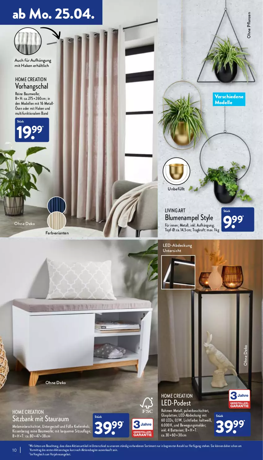 Aktueller Prospekt Aldi Nord - Aldi-Aktuell - von 25.04 bis 30.04.2022 - strona 10 - produkty: angebot, Bank, batterie, batterien, Bau, baumwolle, blume, blumen, Blumenampel, dell, elle, gin, glasplatte, Holz, kissen, Kissenbezug, kraft, latte, leds, Mode, pflanze, pflanzen, reine baumwolle, resa, Ria, Schal, Sitzauflage, sitzbank, Ti, topf, wolle, ZTE