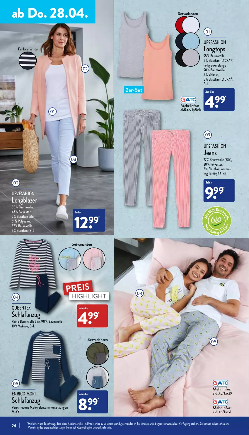 Aktueller Prospekt Aldi Nord - Aldi-Aktuell - von 25.04 bis 30.04.2022 - strona 24 - produkty: aldi, Anzug, Bau, baumwolle, bio, Blazer, eis, Elan, ente, garnitur, gin, jeans, LG, Queentex, reine baumwolle, reis, Ria, Schlafanzug, Ti, up2fashion, wolle, ZTE