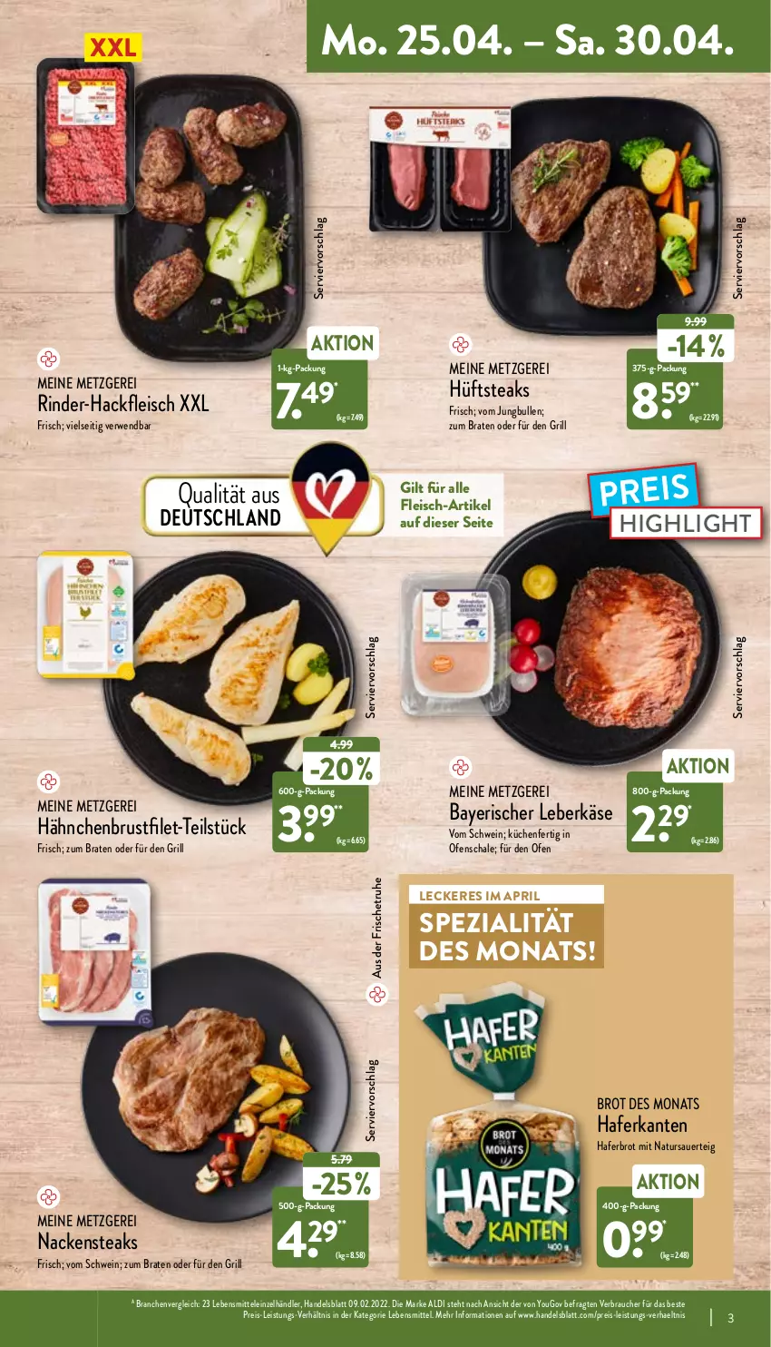 Aktueller Prospekt Aldi Nord - Aldi-Aktuell - von 25.04 bis 30.04.2022 - strona 3 - produkty: aldi, auer, braten, brot, brustfilet, eis, filet, fleisch, grill, hackfleisch, hafer, hähnchenbrust, hähnchenbrustfilet, hüftsteak, hüftsteaks, jungbullen, Käse, küche, Küchen, lebensmittel, leberkäs, leberkäse, Nackensteak, nackensteaks, natur, Ofen, pril, Rauch, reis, rind, rinder, rinder-hackfleisch, rwe, Schal, Schale, schwein, Spezi, steak, steaks, Ti, wein, Yo