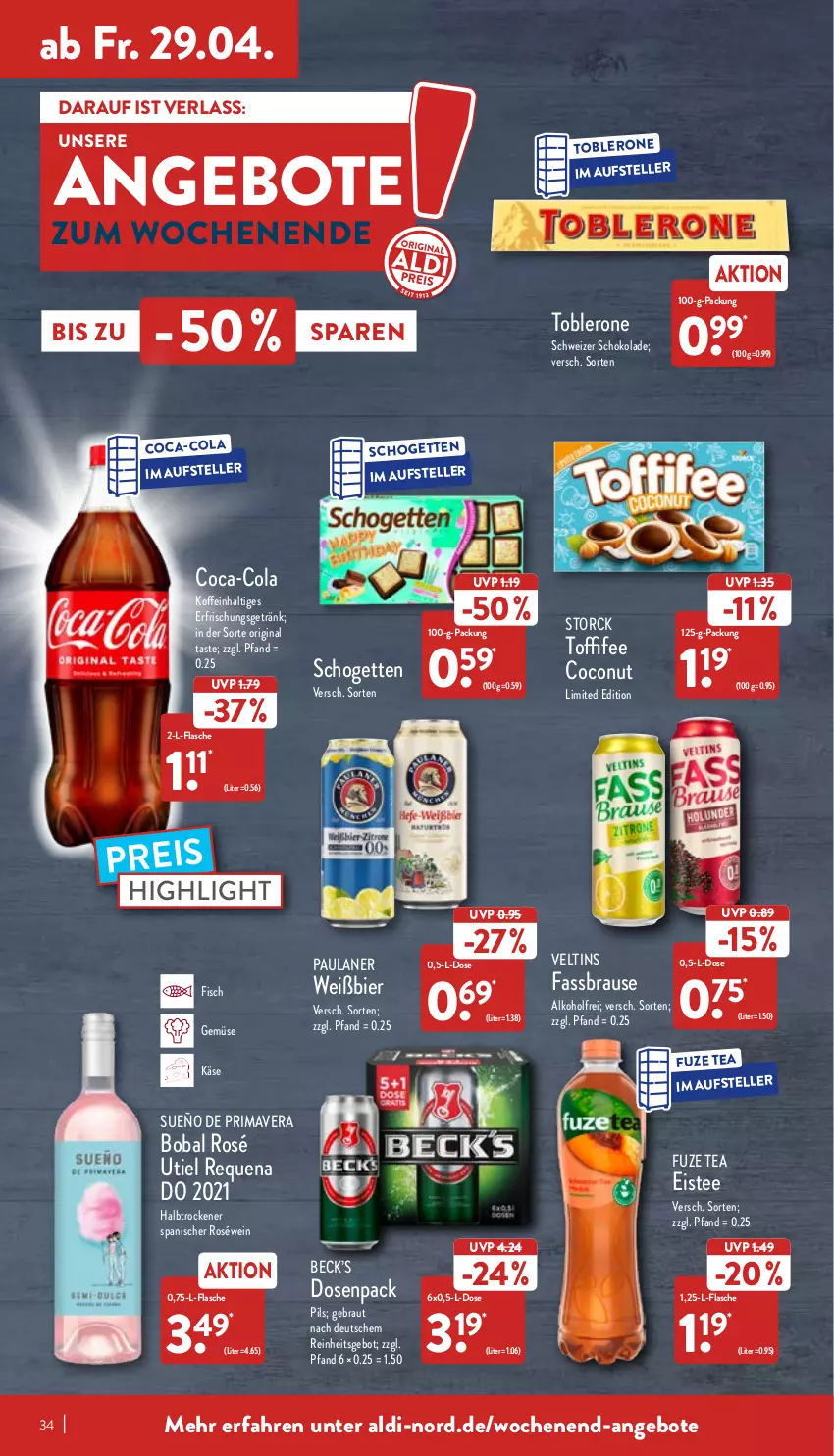 Aktueller Prospekt Aldi Nord - Aldi-Aktuell - von 25.04 bis 30.04.2022 - strona 34 - produkty: aldi, alkohol, angebot, angebote, bier, brause, coca-cola, coconut, cola, eis, eistee, elle, erfrischungsgetränk, fassbrause, fisch, flasche, fuze tea, getränk, gin, Käse, Paula, paulaner, pils, reis, roséwein, schogetten, schoko, schokolade, storck, tee, teller, Ti, toblerone, toffifee, veltins, wein