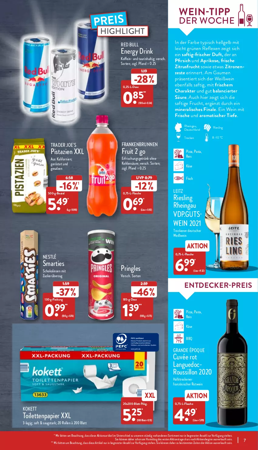 Aktueller Prospekt Aldi Nord - Aldi-Aktuell - von 25.04 bis 30.04.2022 - strona 7 - produkty: aprikose, beutel, brunnen, cuvée, decke, drink, eis, energy drink, erfrischungsgetränk, fisch, flasche, frucht, getränk, gin, Käse, leitz, LG, linsen, nestlé, papier, pasta, pfirsich, pistazien, pizza, pringles, red bull, reis, riesling, ring, rotwein, saft, salz, schoko, Schokolinsen, smarties, Ti, tisch, toilettenpapier, wein, Weißwein, zitrone, zitronen, ZTE, zucker