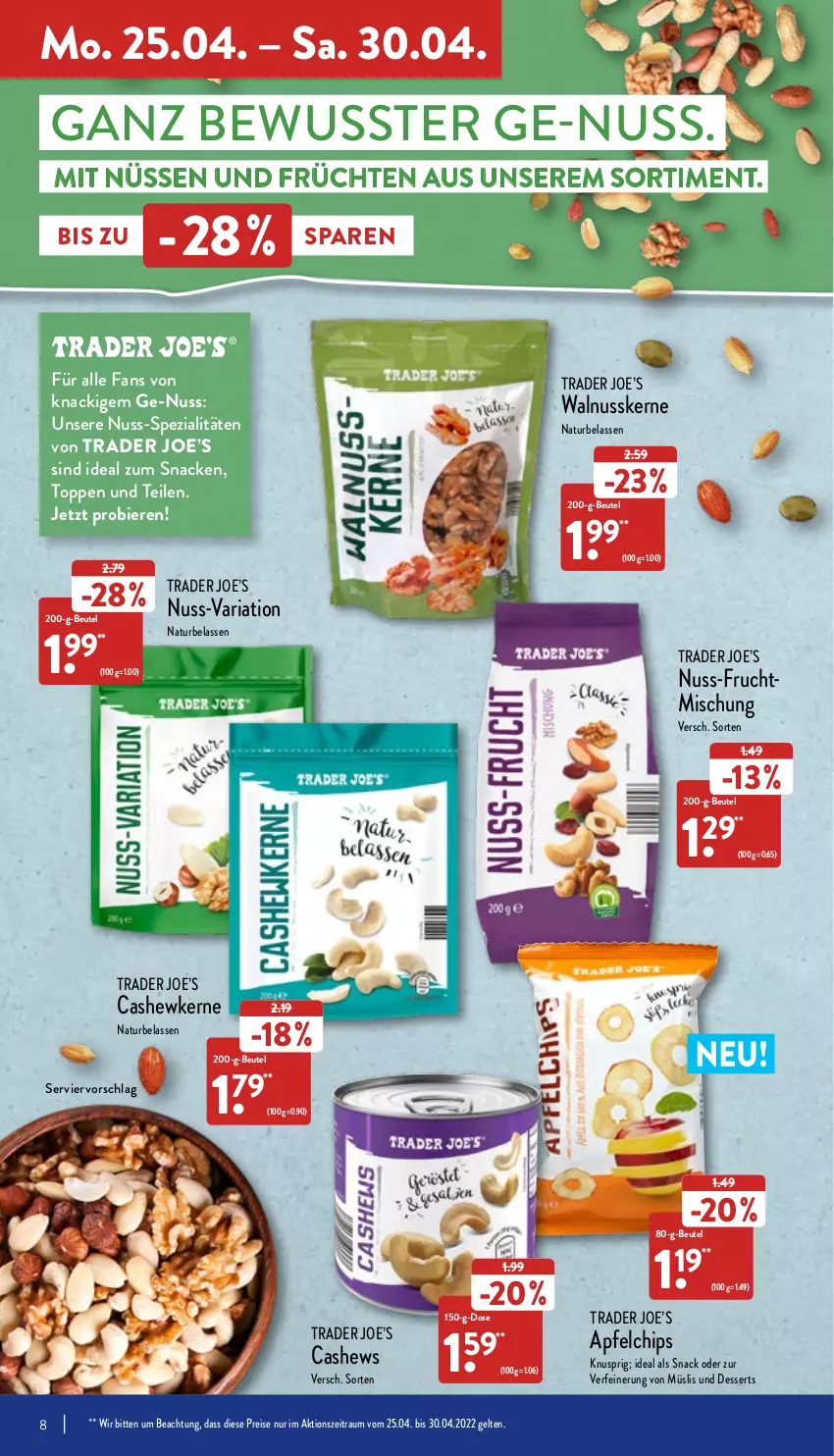 Aktueller Prospekt Aldi Nord - Aldi-Aktuell - von 25.04 bis 30.04.2022 - strona 8 - produkty: apfel, beutel, bier, Biere, Cashew, cashewkerne, chips, dessert, desserts, eis, frucht, früchte, früchten, gin, müsli, natur, nuss, reis, Ria, snack, Spezi, Ti, walnuss, walnusskerne, ZTE