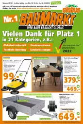 Gazetka promocyjna  - Prospekt für Globus Baumarkt  Achern - Gazetka - ważna od 08.10 do 08.10.2022 - strona 1 - produkty: Anhänger, Bank, Bau, Behälter, Brei, bügel, eis, elle, latte, monitor, reifen, reis, Stühl, Ti, tisch, ZTE