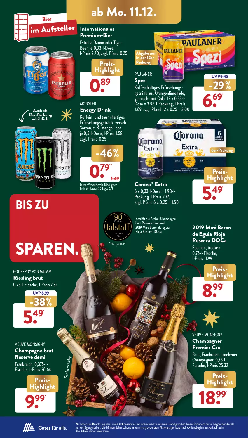 Aktueller Prospekt AldiSud - NÄCHSTE WOCHE - von 11.12 bis 16.12.2023 - strona 14 - produkty: alle artikel ohne dekoration, asti, bier, brut, champagne, champagner, cola, corona, dekoration, drink, eis, elle, energy drink, erfrischungsgetränk, Estrella Damm, flasche, getränk, gin, limo, limonade, mango, monster, Monster Energy, mumm, orange, orangen, Paula, paulaner, reis, rel, riesling, rioja, Spezi, teller, Ti, ZTE