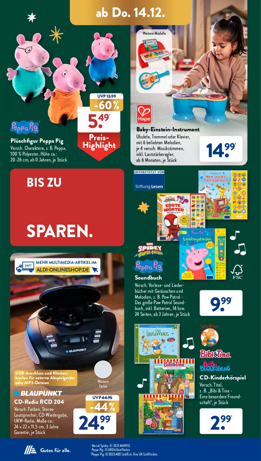 Aktueller Prospekt AldiSud - NÄCHSTE WOCHE - von 11.12 bis 16.12.2023 - strona 35 - produkty: aldi, batterie, batterien, buch, dell, eis, elle, Hasbro, Kinder, lautsprecher, LG, Mode, Mp3, Paw Patrol, Peppa Pig, Plüsch, Radio, reis, rum, Soundbuch, Ti, trommel, usb