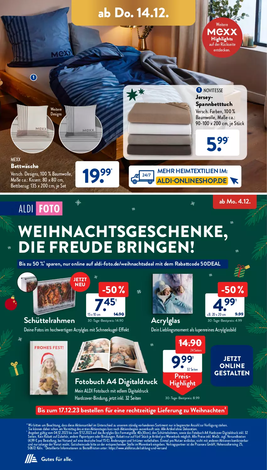 Aktueller Prospekt AldiSud - NÄCHSTE WOCHE - von 11.12 bis 16.12.2023 - strona 41 - produkty: aldi, alle artikel ohne dekoration, angebot, Bau, baumwolle, bestpreis, bett, Betttuch, bettwäsche, buch, decke, dekoration, eis, elle, Fotobuch, gin, Glasbild, gutschein, heimtextilien, kissen, korb, Kugel, LG, Mexx, ndk, papier, reis, ring, Schneekugel, spannbetttuch, Ti, tuc, weihnachten, wolle, ZTE