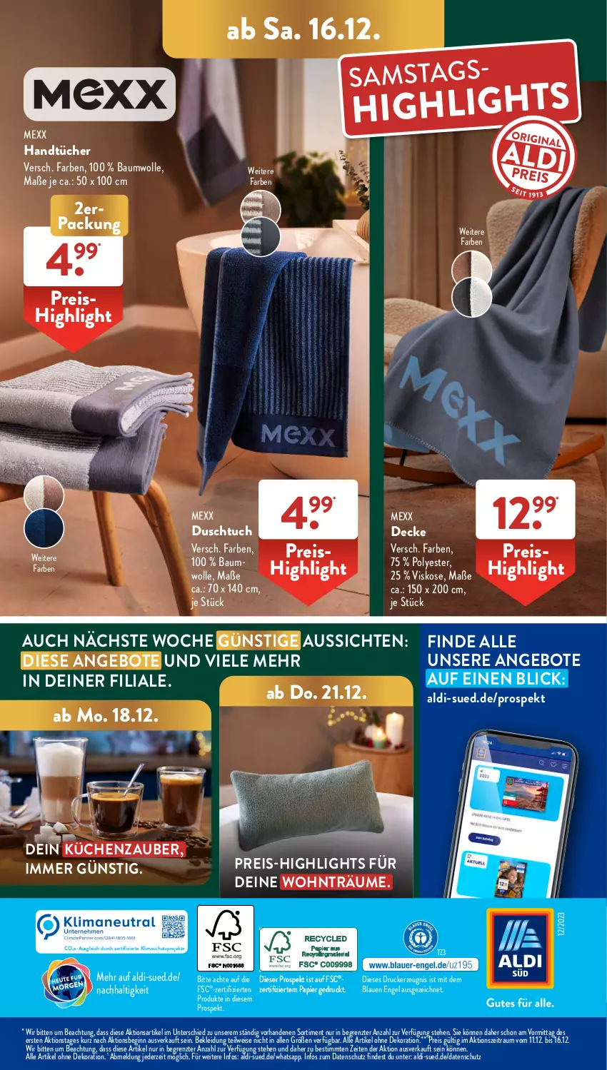 Aktueller Prospekt AldiSud - NÄCHSTE WOCHE - von 11.12 bis 16.12.2023 - strona 44 - produkty: aldi, alle artikel ohne dekoration, angebot, angebote, Bau, baumwolle, decke, dekoration, drucker, duschtuch, eis, Engel, gin, handtücher, kerze, kleid, Kleidung, küche, Küchen, Mexx, papier, reis, Ti, tuc, tücher, wolle, ZTE