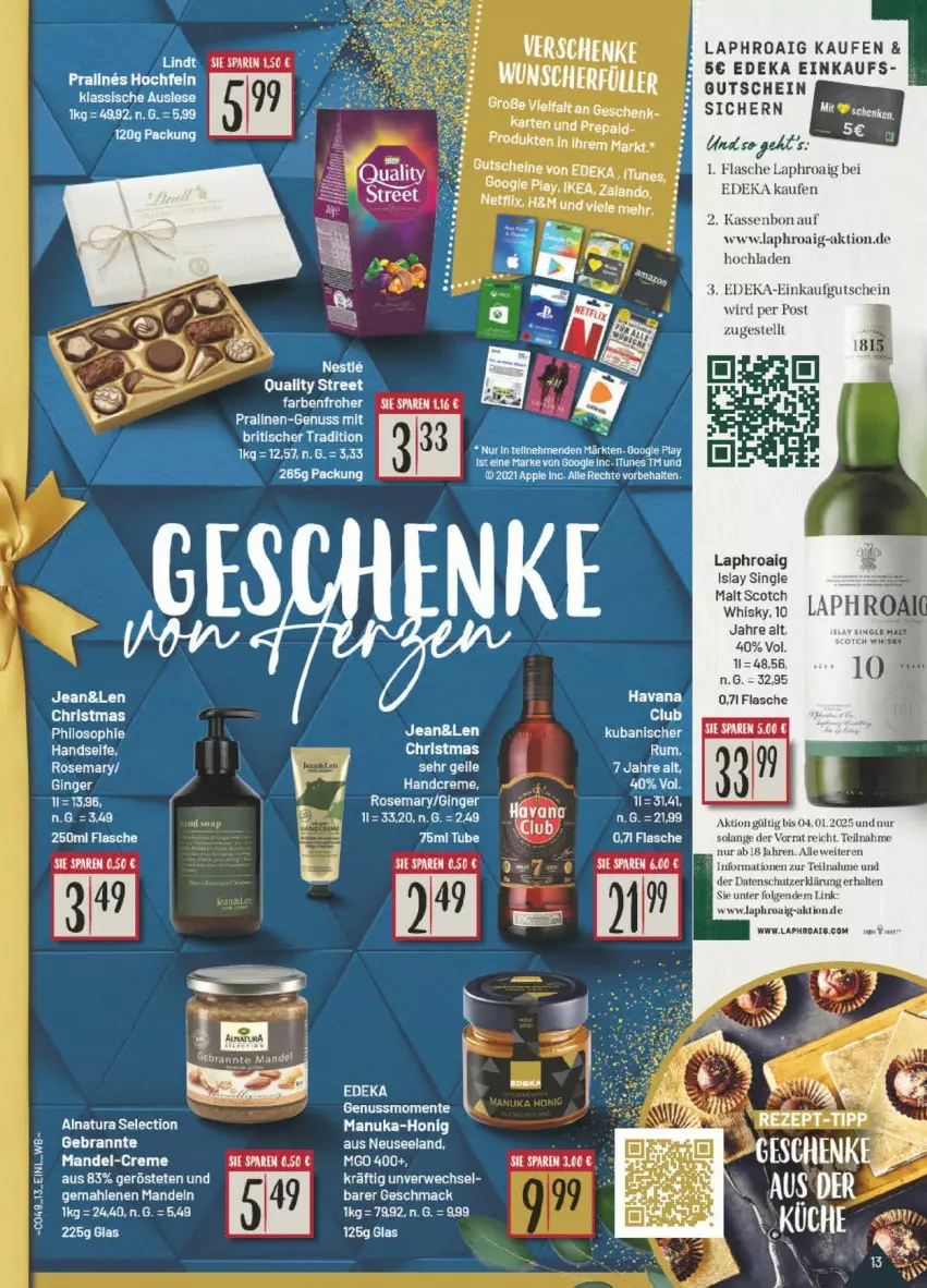 Aktueller Prospekt Edeka - Prospekte - von 16.12 bis 21.12.2024 - strona 29 - produkty: creme, deka, Elan, ente, flasche, gutschein, gutscheine, Handseife, honig, islay single malt, laphroaig, LG, mac, mandel, nuk, nuss, rwe, scotch, scotch whisky, Seife, single malt, tee, Ti, whisky