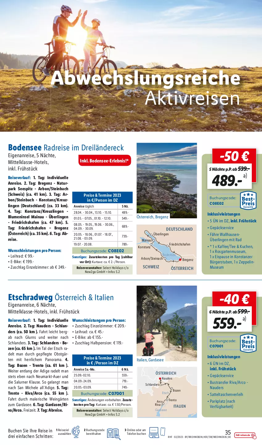 Aktueller Prospekt Lidl - Monatliche Reise-Highlights (SÜD) - von 28.01 bis 28.02.2023 - strona 35 - produkty: auer, axe, blume, blumen, Brei, buch, E-Bike, eis, Elan, elle, Garten, inklusivleistungen, kaffee, kuchen, kurtaxe, natur, natura, obst, rama, reis, reiseveranstalter, reiseverlauf, sattel, steinbach, stube, Tasche, taschen, tee, telefon, Ti, wein